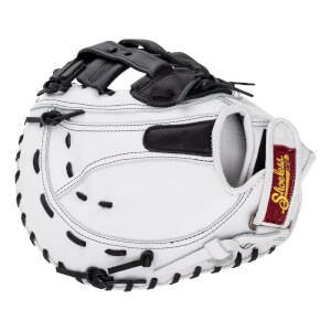 Back view of a white fastpitch first base mitt featuring black webbing, black laces, and a red Shoeless brand patch on the adjustable wrist strap.