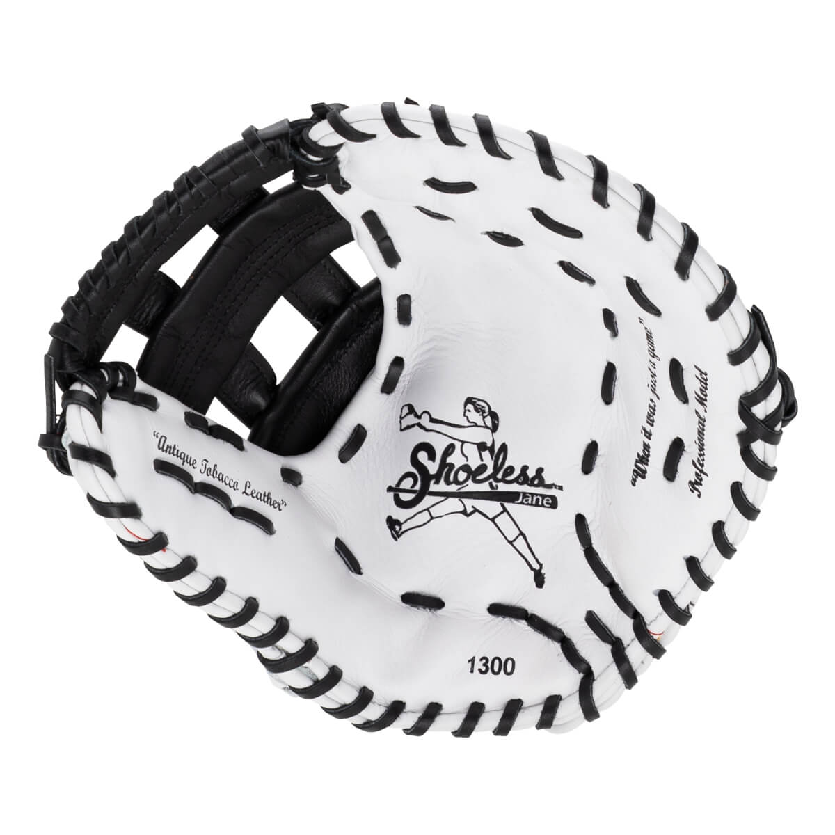 Palm view of the white leather first base mitt featuring black lacing, the Shoeless Jane logo, and "Antique Tobacco Leather" text.