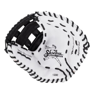 Palm view of the white leather first base mitt featuring black lacing, the Shoeless Jane logo, and "Antique Tobacco Leather" text.