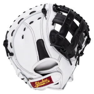 Back view of the white first base mitt with a black H-web and a maroon Shoeless Joe patch on the adjustable wrist strap.