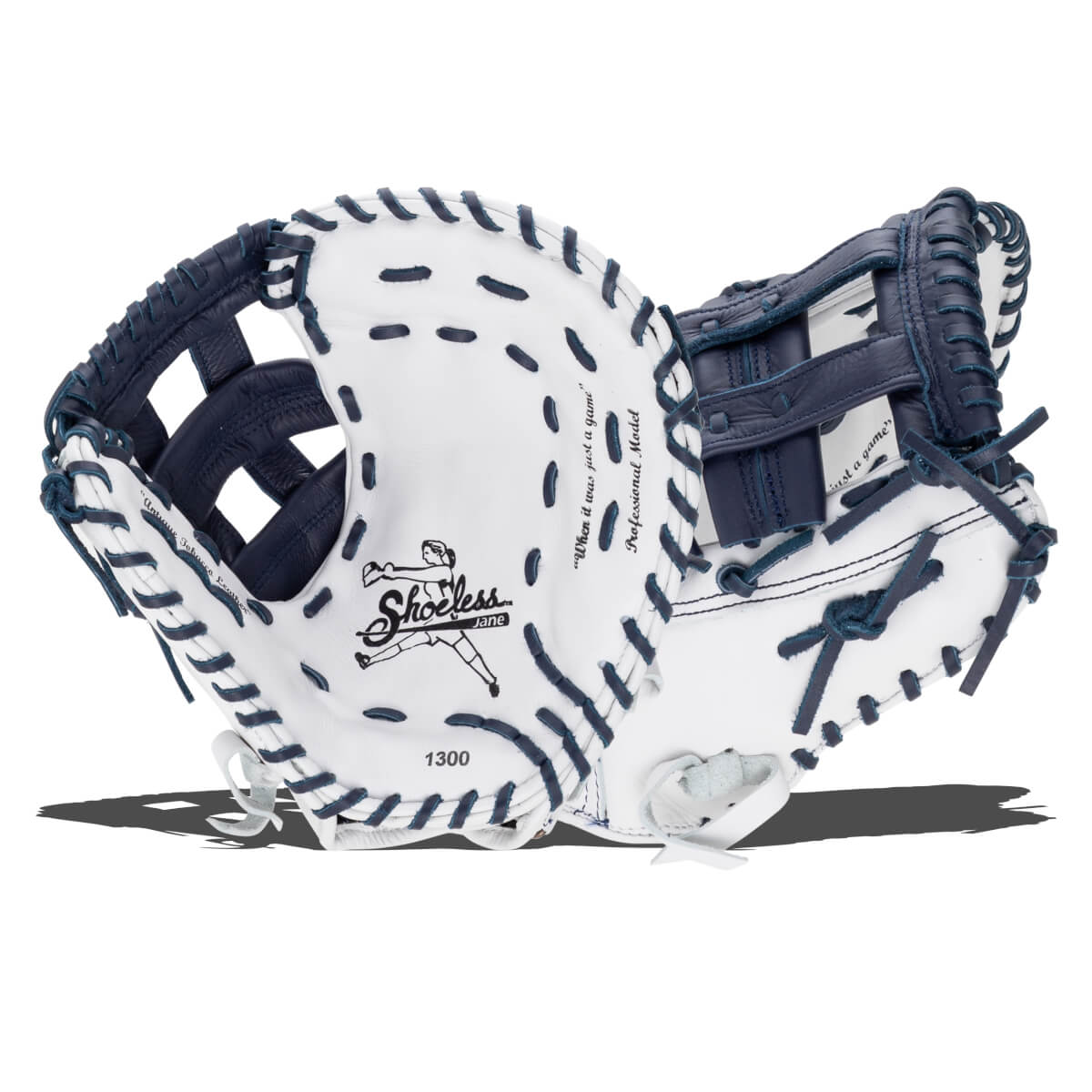 Front and back views of a white and navy blue leather softball mitt featuring the Shoeless Jane logo and text that reads "Professional Model" and "1300."