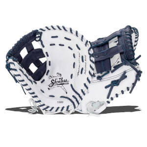 Front and back views of a white and navy blue leather softball mitt featuring the Shoeless Jane logo and text that reads "Professional Model" and "1300."
