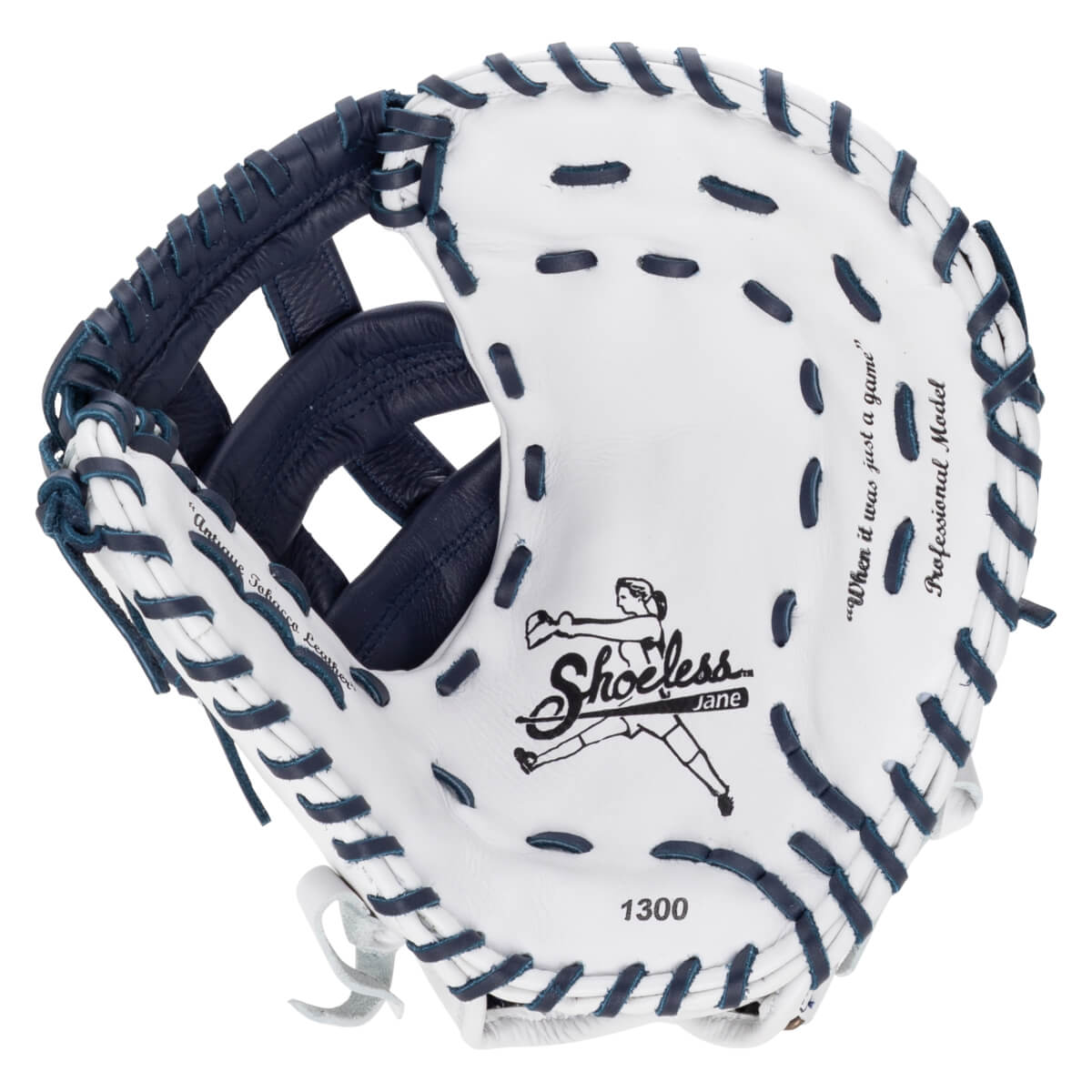 Front view of a white Shoeless Jane softball mitt with navy blue lacing, featuring the brand logo, "1300", and "When it was just a game" on the palm.