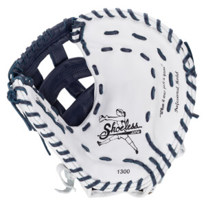 Front view of a white Shoeless Jane softball mitt with navy blue lacing, featuring the brand logo, "1300", and "When it was just a game" on the palm.