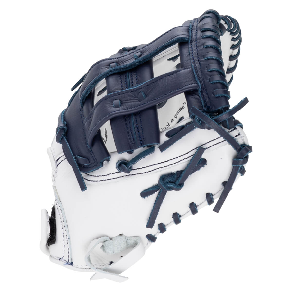 Side view of a white and navy blue baseball glove featuring dark blue laces and webbing with the phrase "just a game" printed inside.