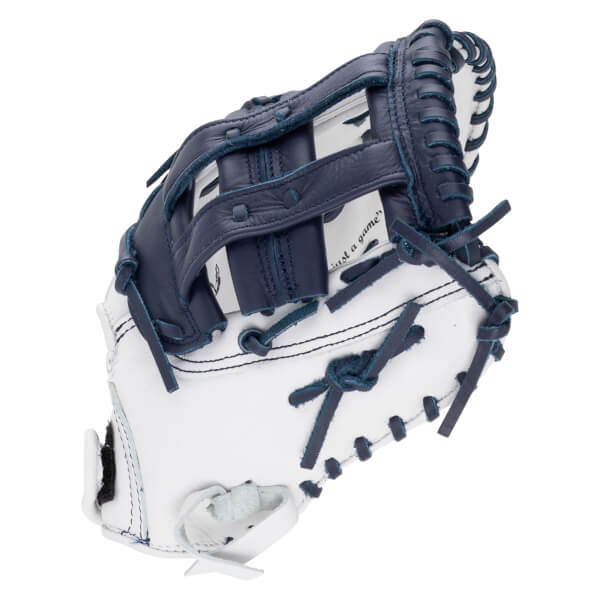Side view of a white and navy blue baseball glove featuring dark blue laces and webbing with the phrase "just a game" printed inside.
