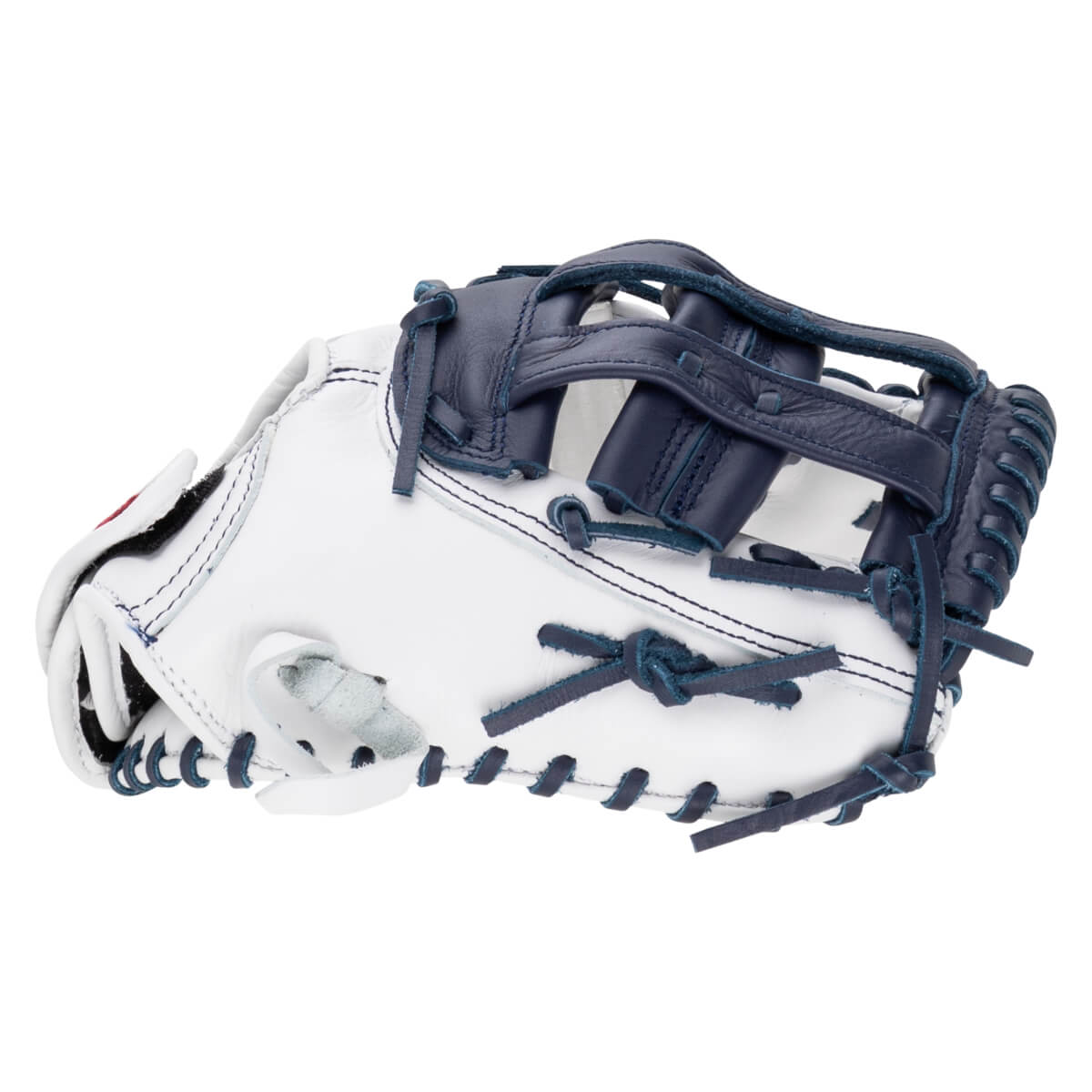 Side view of a white baseball mitt featuring navy blue leather webbing and matching blue laces along the outer edges.