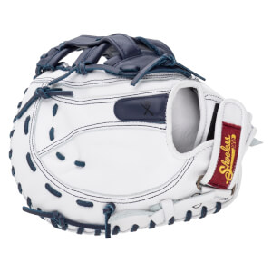 Back view of a white leather catcher's mitt featuring navy blue laces and a red wrist strap patch with the gold Shoeless Joe logo.