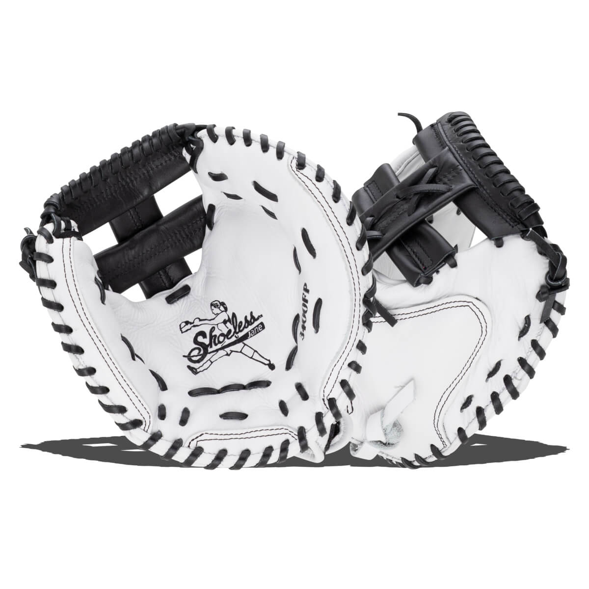 Front and back views of a white fastpitch catcher's mitt with black lacing, featuring the Shoeless Jane logo and model number 3400FP on the palm.