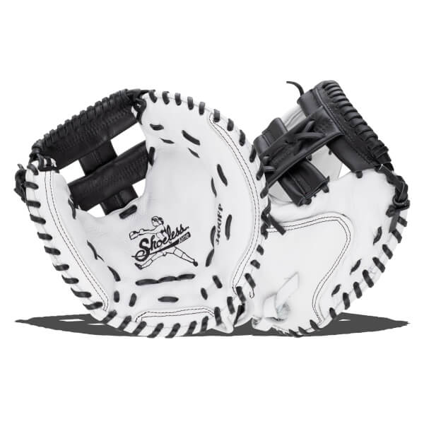 Front and back views of a white fastpitch catcher's mitt with black lacing, featuring the Shoeless Jane logo and model number 3400FP on the palm.