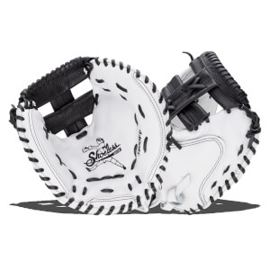 Front and back views of a white fastpitch catcher's mitt with black lacing, featuring the Shoeless Jane logo and model number 3400FP on the palm.