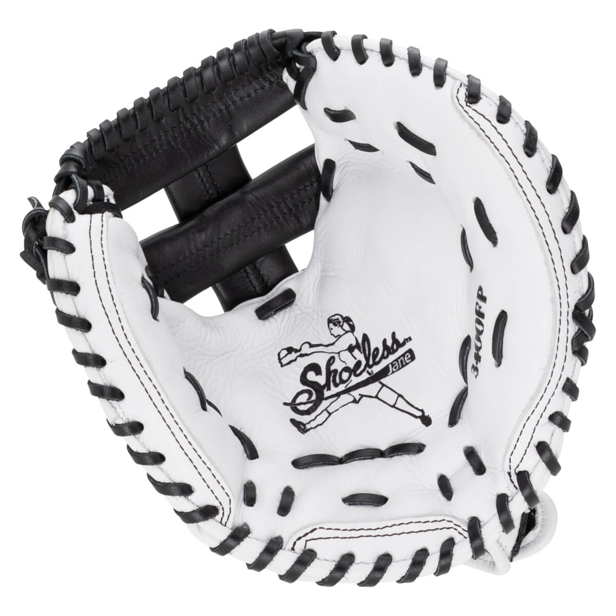 Front palm view of a white leather catcher's mitt with black lacing, featuring the Shoeless Jane logo and 3400FP model number on the palm.