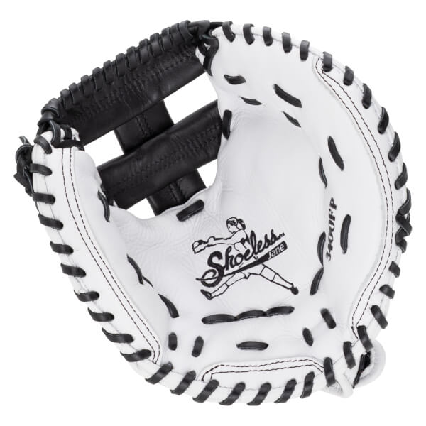 Front palm view of a white leather catcher's mitt with black lacing, featuring the Shoeless Jane logo and 3400FP model number on the palm.