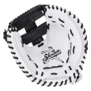 Front palm view of a white leather catcher's mitt with black lacing, featuring the Shoeless Jane logo and 3400FP model number on the palm.