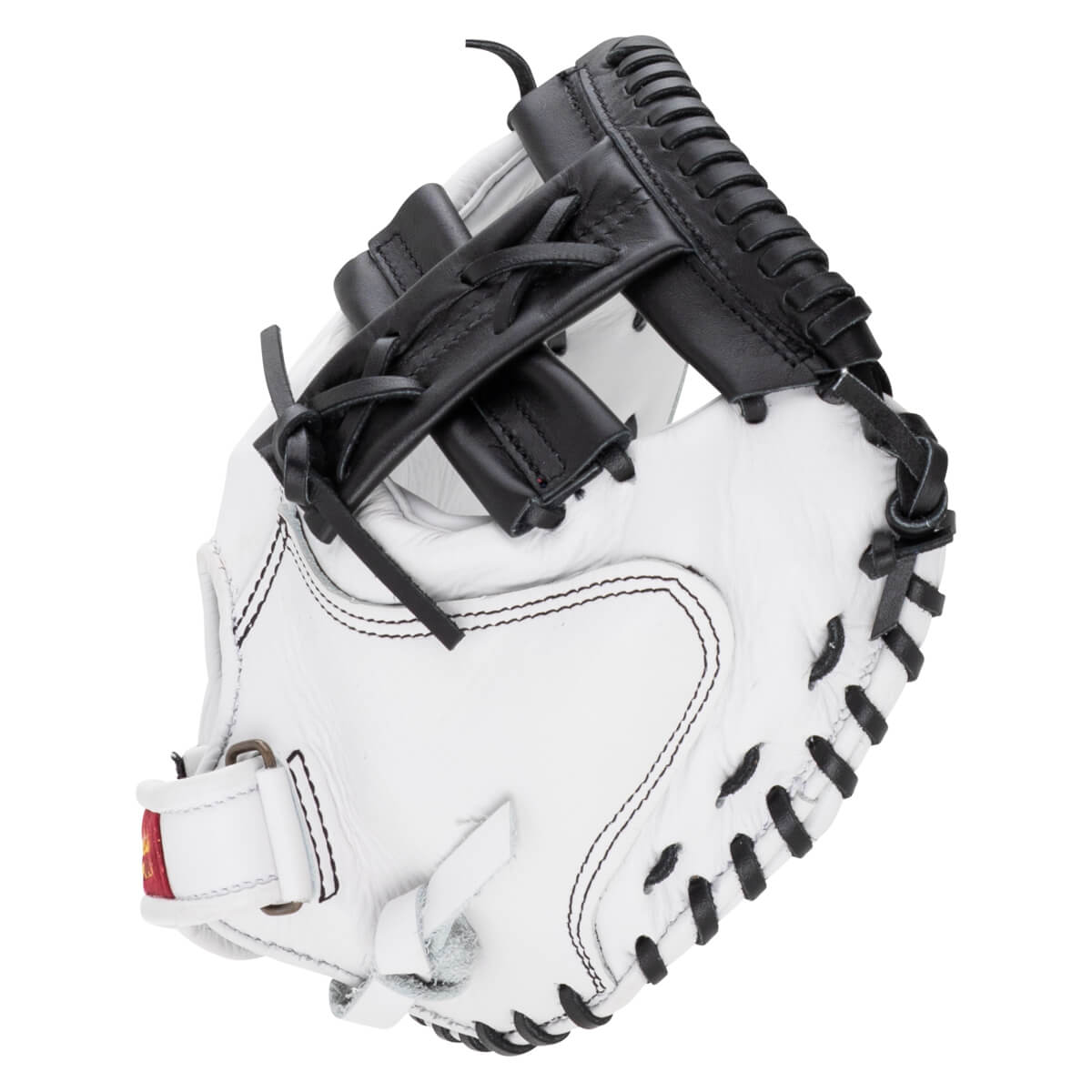 Side view of a white leather catcher's mitt featuring thick black lacing and a black webbed pocket.