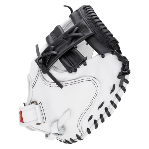 Side view of a white leather catcher's mitt featuring thick black lacing and a black webbed pocket.