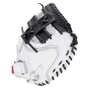 Side view of a white leather catcher's mitt featuring thick black lacing and a black webbed pocket.