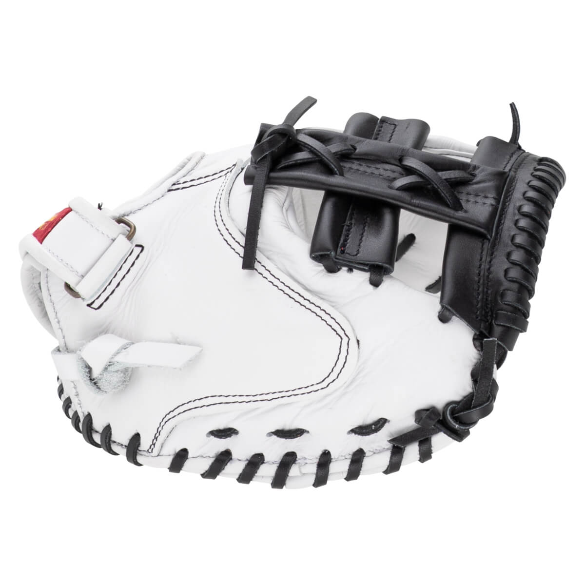 Back view of a white leather catcher's mitt featuring black lacing along the perimeter and a black leather T-web design.