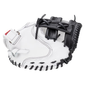 Back view of a white leather catcher's mitt featuring black lacing along the perimeter and a black leather T-web design.