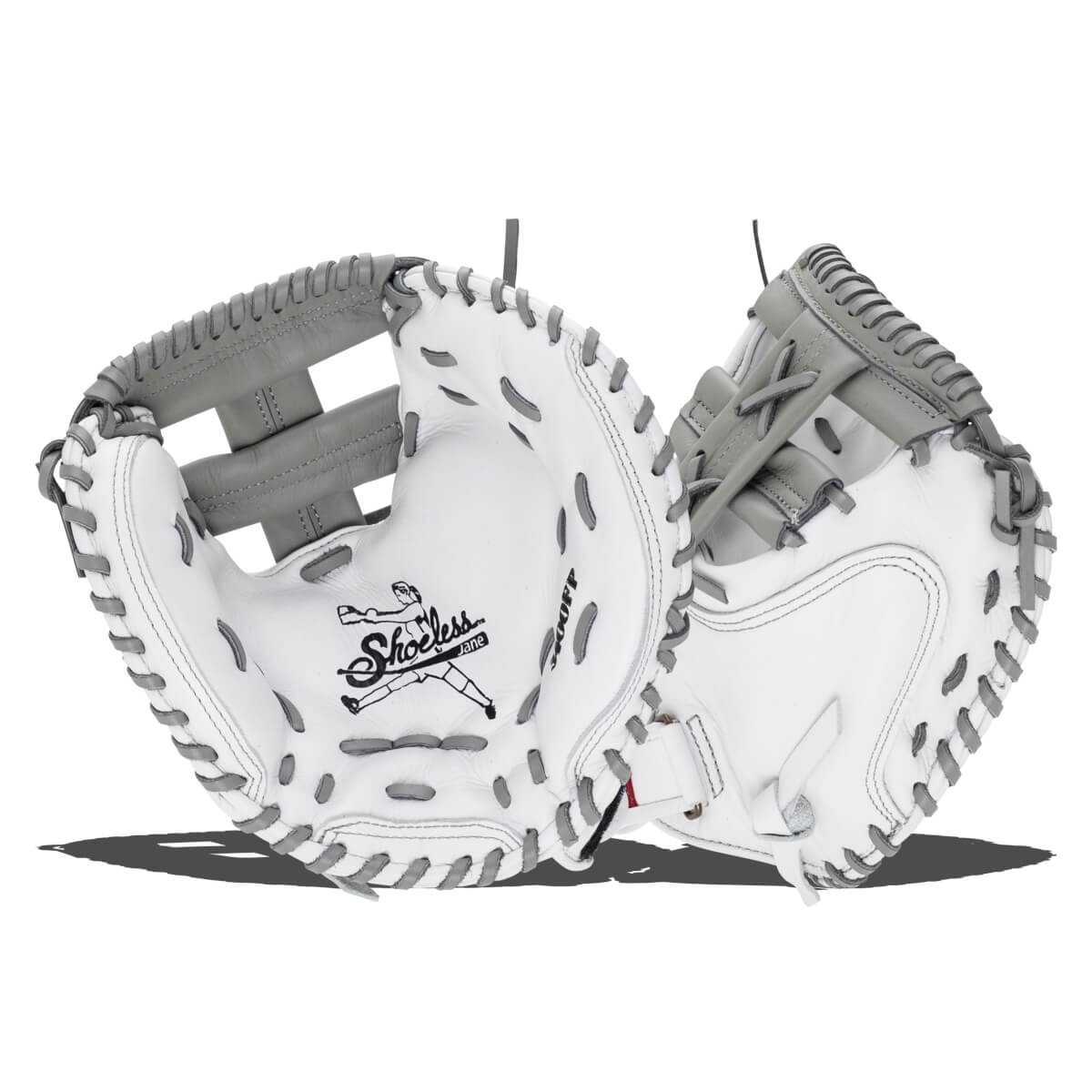 Front and back views of a white leather softball catcher's mitt featuring grey lacing and the Shoeless Jane logo on the palm.
