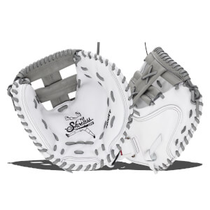 Front and back views of a white leather softball catcher's mitt featuring grey lacing and the Shoeless Jane logo on the palm.