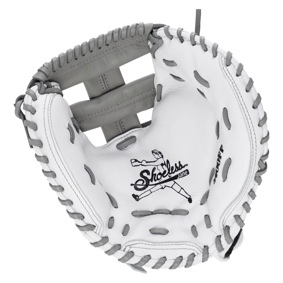 Front view of a white softball catcher's mitt with gray lacing and an H-web, featuring a large "Shoeless Jane" logo and player illustration in the center pocket.