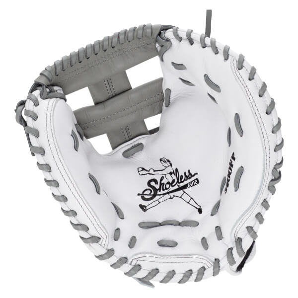 Front view of a white softball catcher's mitt with gray lacing and an H-web, featuring a large "Shoeless Jane" logo and player illustration in the center pocket.