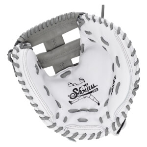 Front view of a white softball catcher's mitt with gray lacing and an H-web, featuring a large "Shoeless Jane" logo and player illustration in the center pocket.