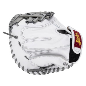 Back view of a white leather baseball catcher's mitt featuring grey laces and a maroon wrist strap with gold script "Shoeless" text.
