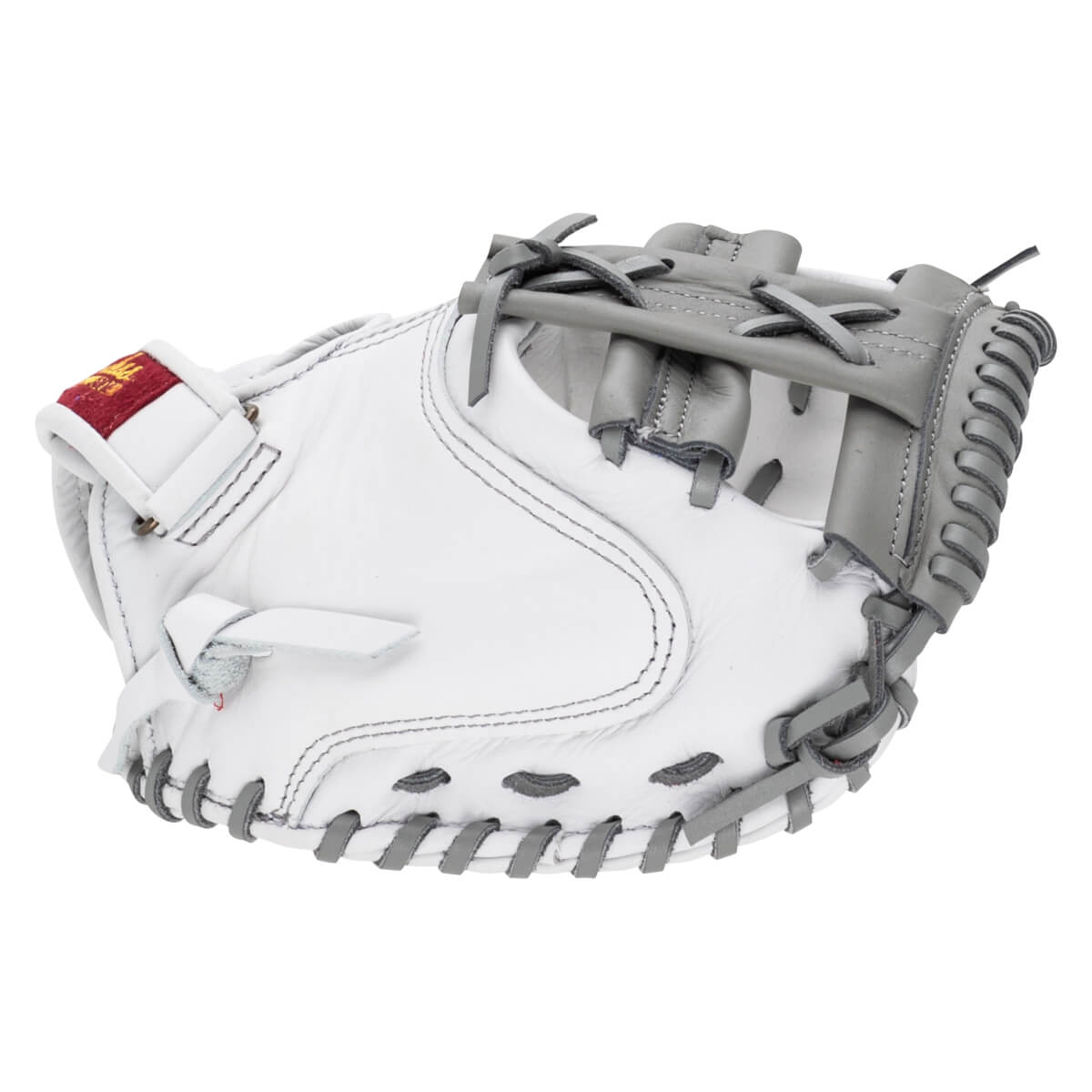 Back view of a white leather catcher's mitt with gray lacing and webbing, featuring a red and gold brand logo on the wrist strap.
