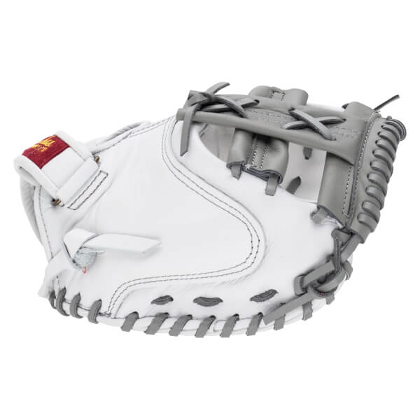 Back view of a white leather catcher's mitt with gray lacing and webbing, featuring a red and gold brand logo on the wrist strap.