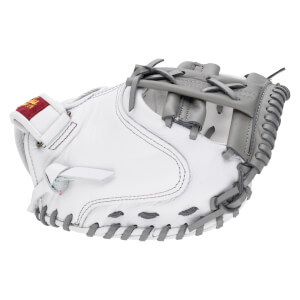 Back view of a white leather catcher's mitt with gray lacing and webbing, featuring a red and gold brand logo on the wrist strap.