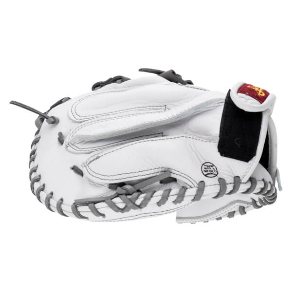 Back view of a white leather catcher's mitt featuring gray lacing, a black adjustable wrist strap, and a circular "MADE IN MEXICO" stamp.