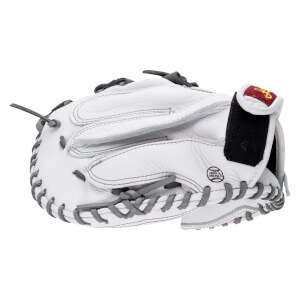 Back view of a white leather catcher's mitt featuring gray lacing, a black adjustable wrist strap, and a circular "MADE IN MEXICO" stamp.