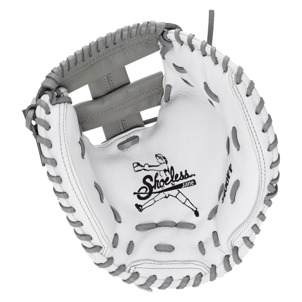Front view of a white and gray leather softball mitt with an H-web and the Shoeless Jane logo printed on the interior palm.