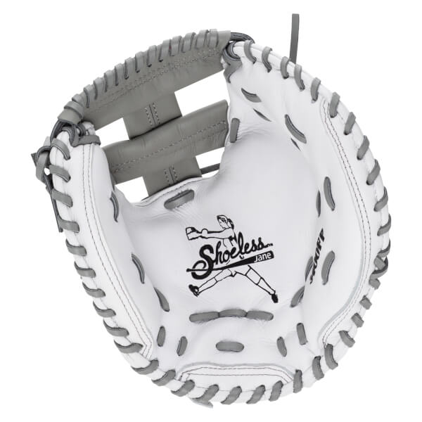 Front view of a white and gray leather softball mitt with an H-web and the Shoeless Jane logo printed on the interior palm.