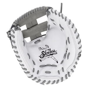 Front view of a white and gray leather softball mitt with an H-web and the Shoeless Jane logo printed on the interior palm.
