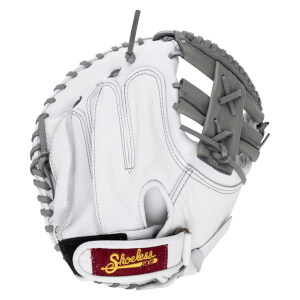 Back view of a white leather first base mitt with grey laces and a maroon "Shoeless Jane" brand patch on the adjustable wrist strap.