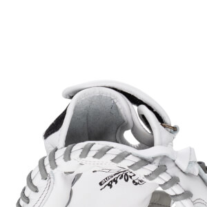 Close-up view of the white leather Shoeless Jane glove wrist strap featuring grey lacing and a black hook-and-loop closure.