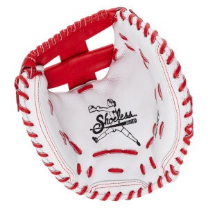 Front view of a white fastpitch catcher's mitt with red laces and web, featuring the "Shoeless Jane" logo printed in the center of the palm.