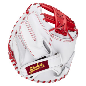 Back view of a white leather fastpitch catcher's mitt featuring red laces and a Velcro wrist strap with a maroon and gold Shoeless Jane logo.