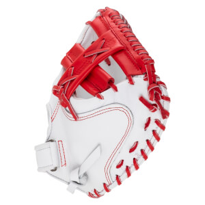 Back view of a white leather catcher's mitt with red laces and stitching, featuring a maroon Shoeless Joe wrist strap logo and a circular "MADE IN MEXICO" stamp.