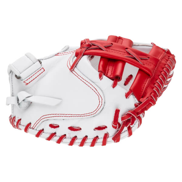 Back view of a white and red fastpitch softball catcher's mitt showing the red leather webbing and red lacing around the edge of the white leather shell.