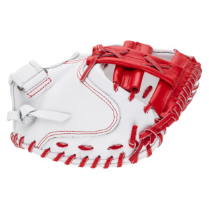 Back view of a white and red fastpitch softball catcher's mitt showing the red leather webbing and red lacing around the edge of the white leather shell.