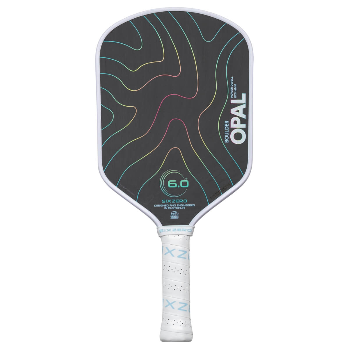 Front view of a black pickleball paddle with colorful contour lines, "BOULDER OPAL" text, and a white grip.