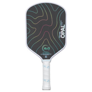 Front view of a black pickleball paddle with colorful contour lines, "BOULDER OPAL" text, and a white grip.