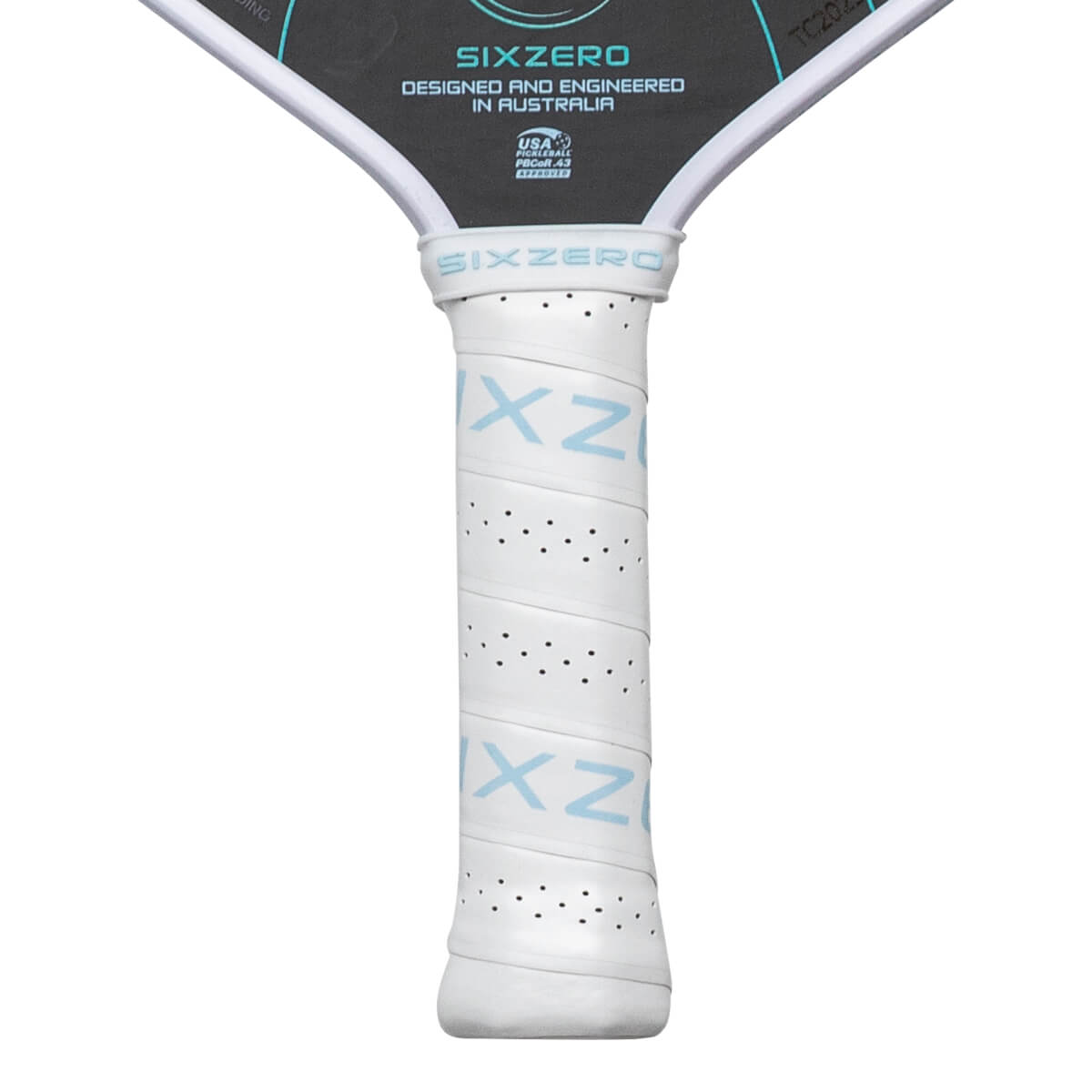 Close-up of the handle showing white grip tape with perforations and light blue "SIXZERO" text.