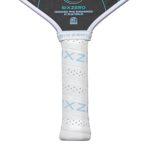 Close-up of the handle showing white grip tape with perforations and light blue "SIXZERO" text.