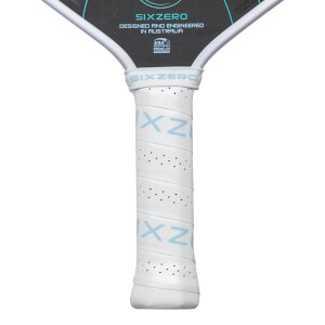 Close-up of the handle showing white grip tape with perforations and light blue "SIXZERO" text.