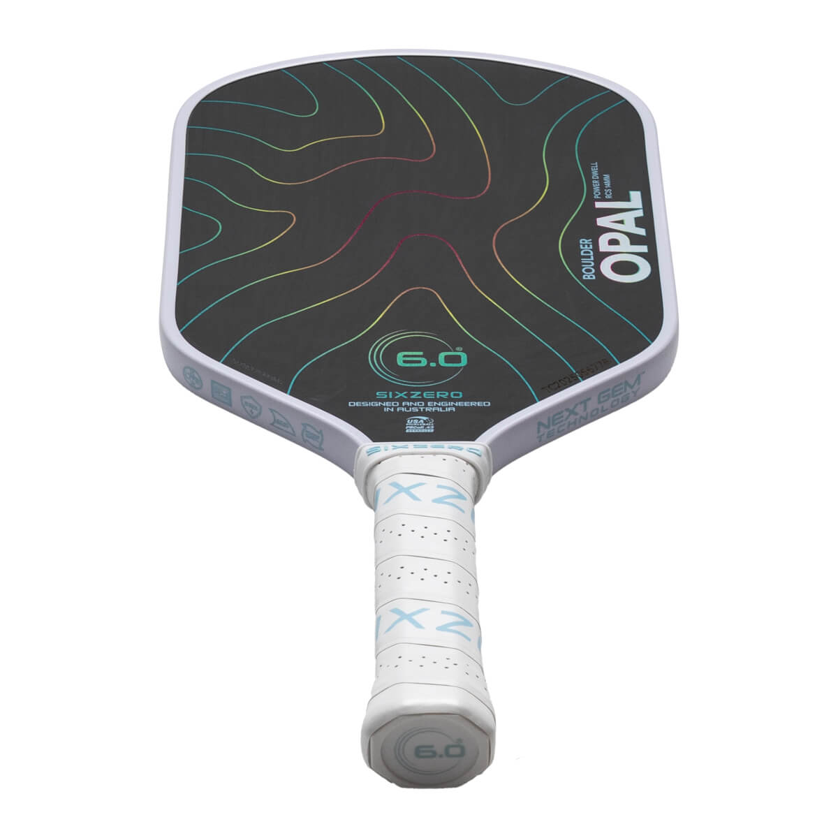 Front view of a pickleball paddle with a dark gray surface, colorful wavy lines, and "BOULDER OPAL" text.